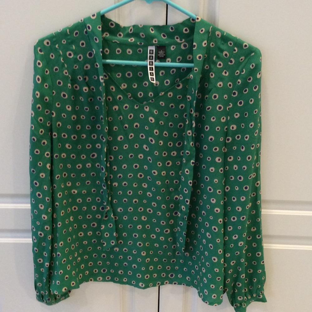Sariah Anthropologie 100% Silk Green Dots Within Blouse Printed Tie-Neck Blouse